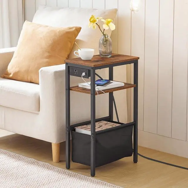Alt view image 2 of 7 - HOOBRO Small Narrow Side Table, Skinny End Table with Charging Station, Extra Slim Nightstand with Storage for Small Spaces, Thin End Table for Living Room, Rustic Brown and Black BF125UBZ01