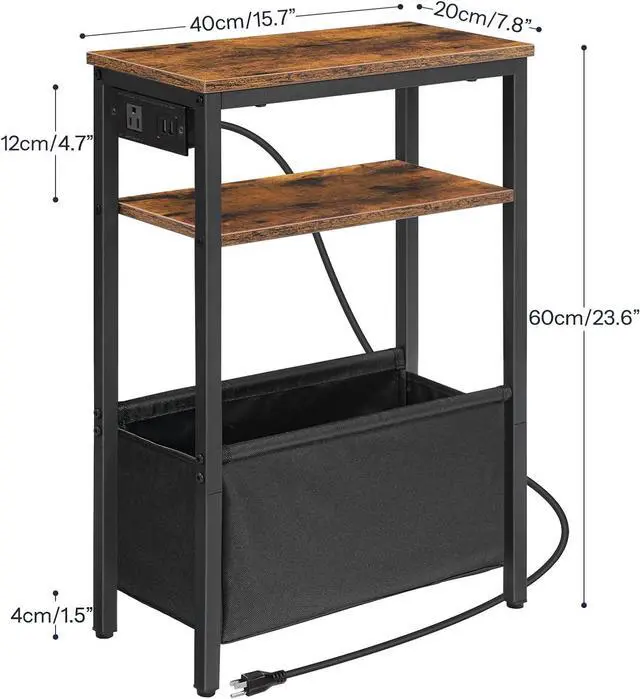 Alt view image 3 of 7 - HOOBRO Small Narrow Side Table, Skinny End Table with Charging Station, Extra Slim Nightstand with Storage for Small Spaces, Thin End Table for Living Room, Rustic Brown and Black BF125UBZ01