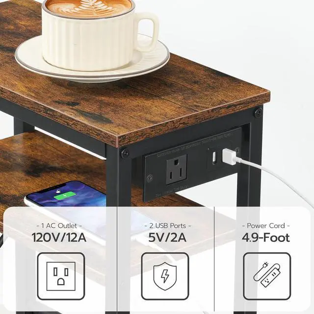 Alt view image 4 of 7 - HOOBRO Small Narrow Side Table, Skinny End Table with Charging Station, Extra Slim Nightstand with Storage for Small Spaces, Thin End Table for Living Room, Rustic Brown and Black BF125UBZ01