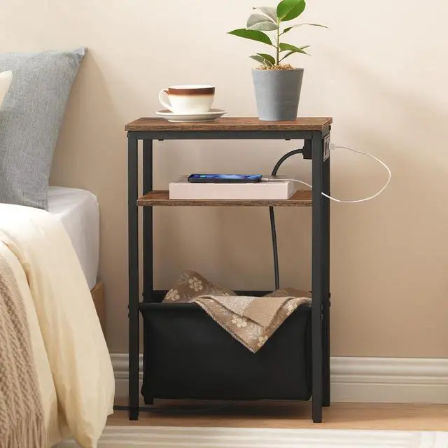 Alt view image 5 of 7 - HOOBRO Small Narrow Side Table, Skinny End Table with Charging Station, Extra Slim Nightstand with Storage for Small Spaces, Thin End Table for Living Room, Rustic Brown and Black BF125UBZ01