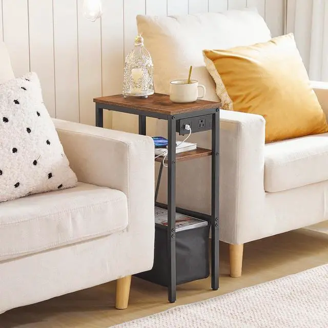 Alt view image 6 of 7 - HOOBRO Small Narrow Side Table, Skinny End Table with Charging Station, Extra Slim Nightstand with Storage for Small Spaces, Thin End Table for Living Room, Rustic Brown and Black BF125UBZ01