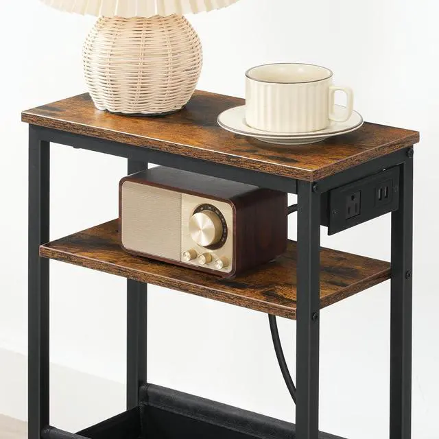 Alt view image 7 of 7 - HOOBRO Small Narrow Side Table, Skinny End Table with Charging Station, Extra Slim Nightstand with Storage for Small Spaces, Thin End Table for Living Room, Rustic Brown and Black BF125UBZ01