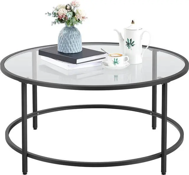 Main image of Topeakmart Modern Glass-Top Coffee Table Sofa Table, 36in Round Accent End Table for Living Room,Office, Apartment, Small Space, Home Décor-Black