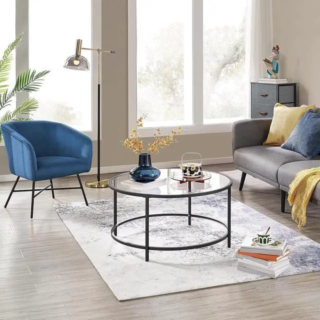 Alt view image 2 of 7 - Topeakmart Modern Glass-Top Coffee Table Sofa Table, 36in Round Accent End Table for Living Room,Office, Apartment, Small Space, Home Décor-Black