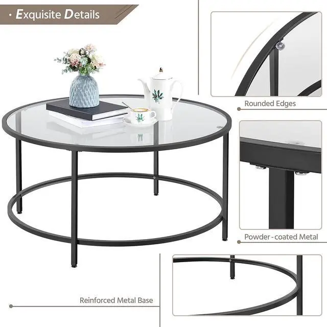 Alt view image 4 of 7 - Topeakmart Modern Glass-Top Coffee Table Sofa Table, 36in Round Accent End Table for Living Room,Office, Apartment, Small Space, Home Décor-Black