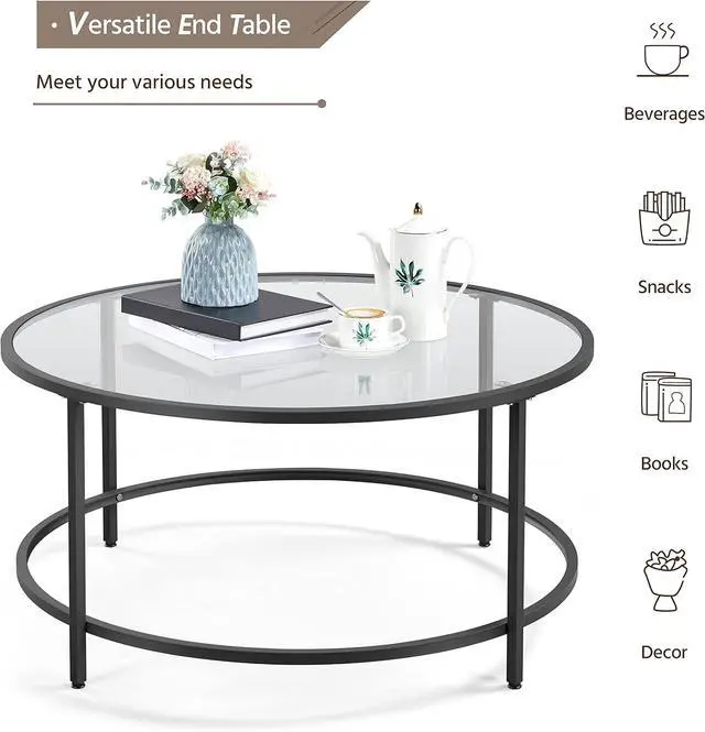 Alt view image 6 of 7 - Topeakmart Modern Glass-Top Coffee Table Sofa Table, 36in Round Accent End Table for Living Room,Office, Apartment, Small Space, Home Décor-Black