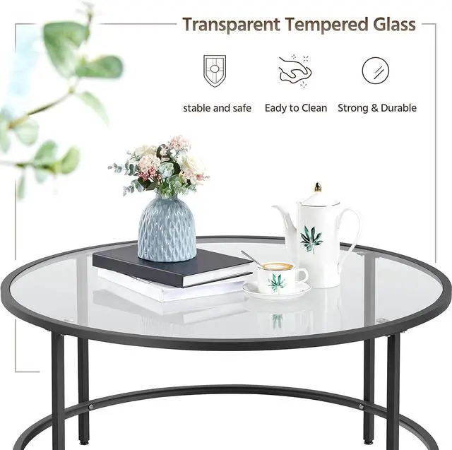 Alt view image 5 of 7 - Topeakmart Modern Glass-Top Coffee Table Sofa Table, 36in Round Accent End Table for Living Room,Office, Apartment, Small Space, Home Décor-Black