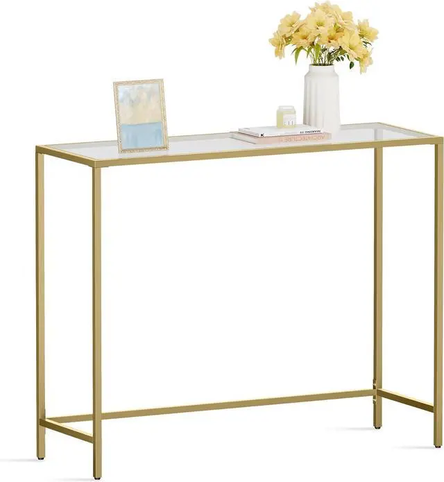 Main image of VASAGLE 39.4 Inches Console Table, Tempered Glass Sofa Table, Modern Entryway Table, Metal Frame, Easy to Assemble, Adjustable Feet, for Living Room, Hallway, Gold Color ULGT26G