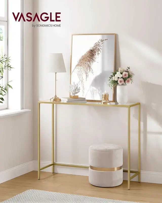 Alt view image 2 of 7 - VASAGLE 39.4 Inches Console Table, Tempered Glass Sofa Table, Modern Entryway Table, Metal Frame, Easy to Assemble, Adjustable Feet, for Living Room, Hallway, Gold Color ULGT26G