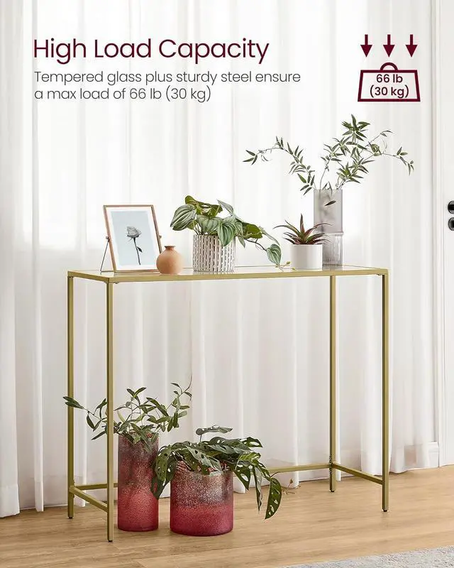 Alt view image 4 of 7 - VASAGLE 39.4 Inches Console Table, Tempered Glass Sofa Table, Modern Entryway Table, Metal Frame, Easy to Assemble, Adjustable Feet, for Living Room, Hallway, Gold Color ULGT26G