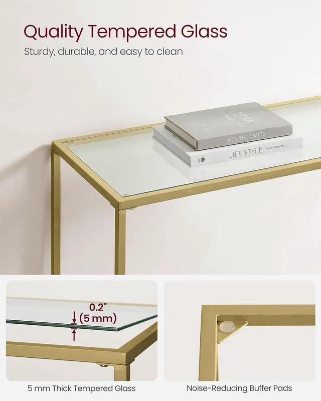 Alt view image 5 of 7 - VASAGLE 39.4 Inches Console Table, Tempered Glass Sofa Table, Modern Entryway Table, Metal Frame, Easy to Assemble, Adjustable Feet, for Living Room, Hallway, Gold Color ULGT26G