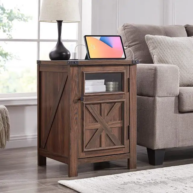 Alt view image 3 of 6 - JXQTLINGMU Farmhouse End Table with Charging Station, 18'' Rustic Nightstand with Barn Door & Adjustable Shelf, Wooden Sofa Side Table with 3-Tier Storage for Living Room, Bedroom, Brown