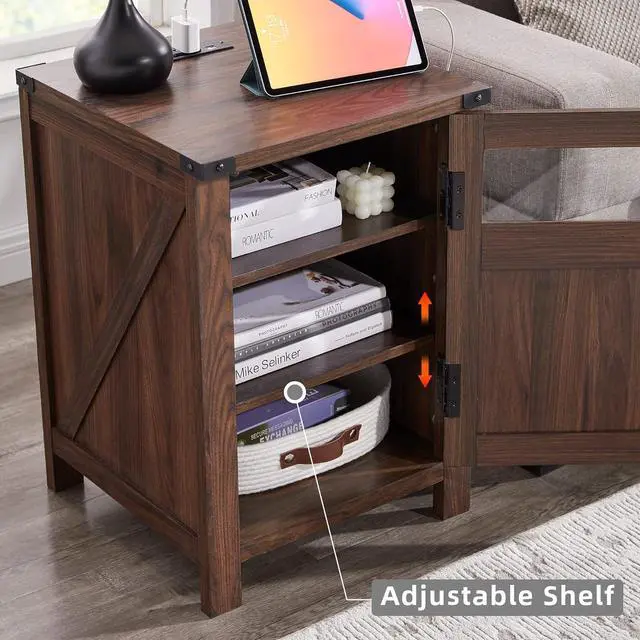 Alt view image 4 of 6 - JXQTLINGMU Farmhouse End Table with Charging Station, 18'' Rustic Nightstand with Barn Door & Adjustable Shelf, Wooden Sofa Side Table with 3-Tier Storage for Living Room, Bedroom, Brown