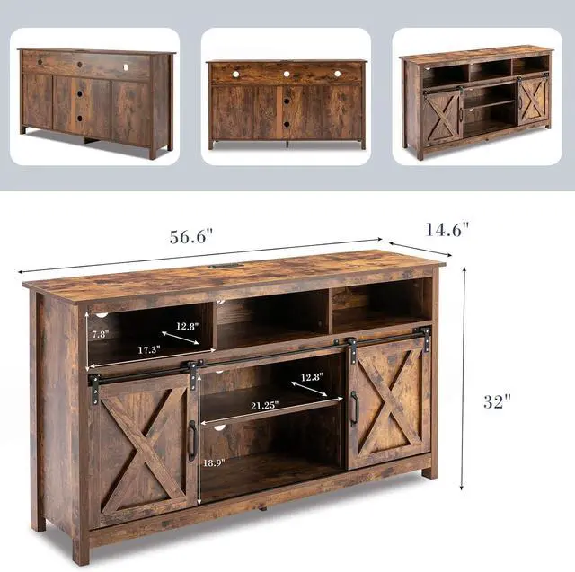 Alt view image 2 of 7 - Farmhouse Coffee Bar Cabinet Rustic Sliding Barn Door Storage Cabinet with Power Outlet, Buffet Server Sideboard Cupboard Table for Dining Room Entryway Kitchen (Rustic Brown)