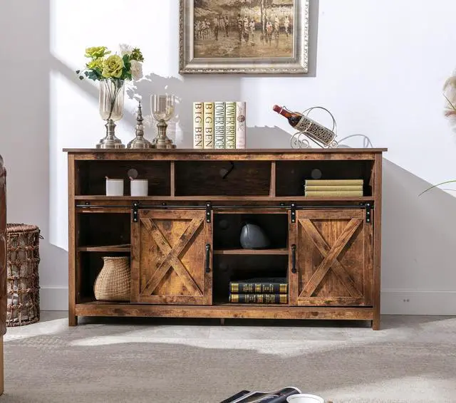 Alt view image 3 of 7 - Farmhouse Coffee Bar Cabinet Rustic Sliding Barn Door Storage Cabinet with Power Outlet, Buffet Server Sideboard Cupboard Table for Dining Room Entryway Kitchen (Rustic Brown)