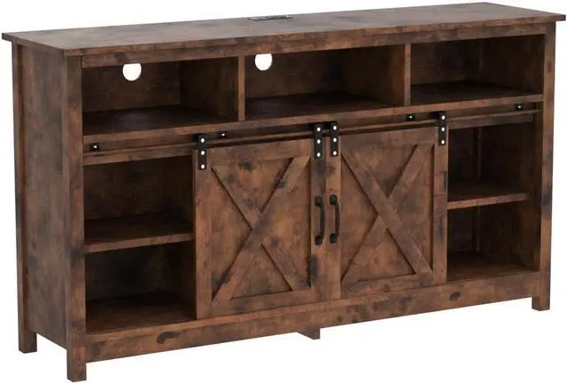 Alt view image 5 of 7 - Farmhouse Coffee Bar Cabinet Rustic Sliding Barn Door Storage Cabinet with Power Outlet, Buffet Server Sideboard Cupboard Table for Dining Room Entryway Kitchen (Rustic Brown)