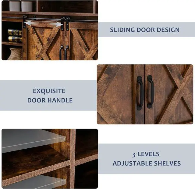 Alt view image 4 of 7 - Farmhouse Coffee Bar Cabinet Rustic Sliding Barn Door Storage Cabinet with Power Outlet, Buffet Server Sideboard Cupboard Table for Dining Room Entryway Kitchen (Rustic Brown)