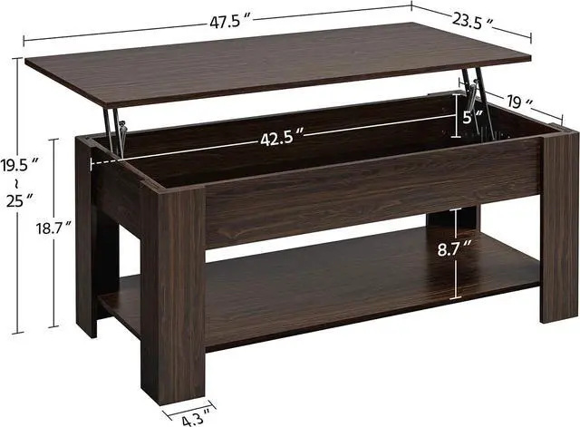 Alt view image 3 of 7 - Topeakmart Lift Top Coffee Table with Hidden Storage Compartment for Living Room Espresso, 47.5in L