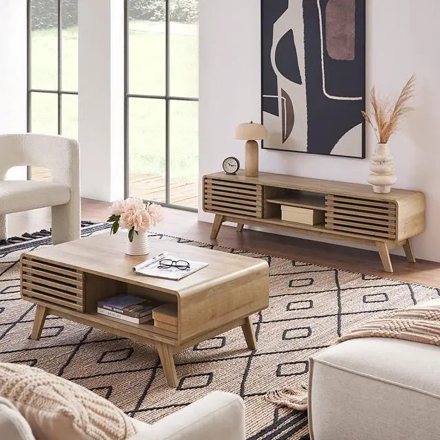 Alt view image 6 of 7 - mopio Ensley Coffee Table with Storage, Mid Century Modern, Farmhouse Wood Coffee Table for Living Room Fluted (Oak)