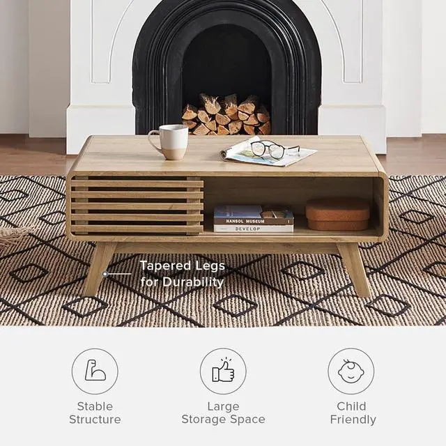 Alt view image 5 of 7 - mopio Ensley Coffee Table with Storage, Mid Century Modern, Farmhouse Wood Coffee Table for Living Room Fluted (Oak)