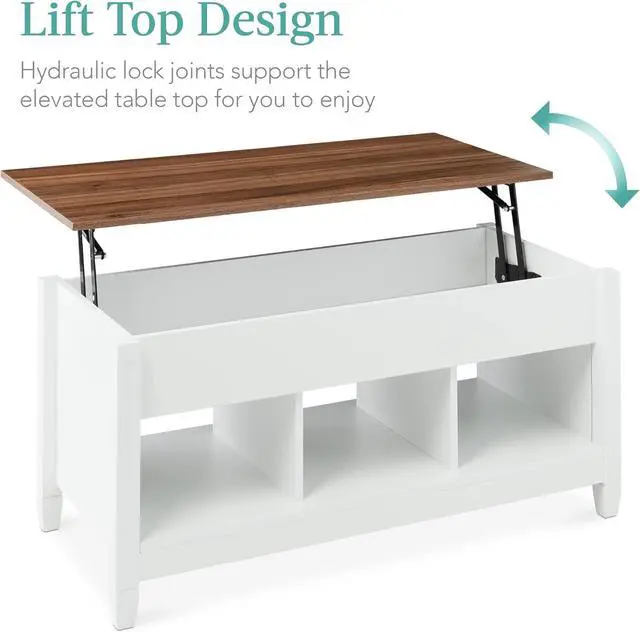 Alt view image 3 of 7 - Best Choice Products Lift Top Coffee Table Hidden Storage Coffee Table, Wooden Dining Coffee Table, Accent Table Furniture for Living Room, Display Shelves - White/Brown