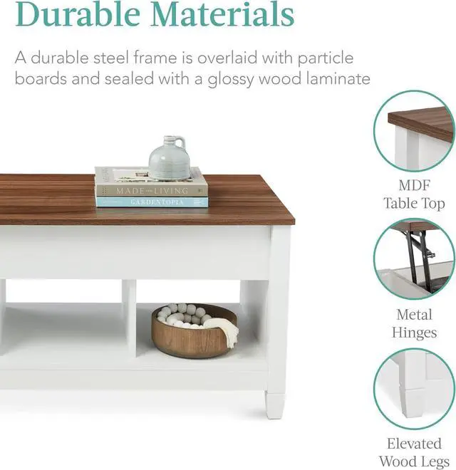 Alt view image 6 of 7 - Best Choice Products Lift Top Coffee Table Hidden Storage Coffee Table, Wooden Dining Coffee Table, Accent Table Furniture for Living Room, Display Shelves - White/Brown
