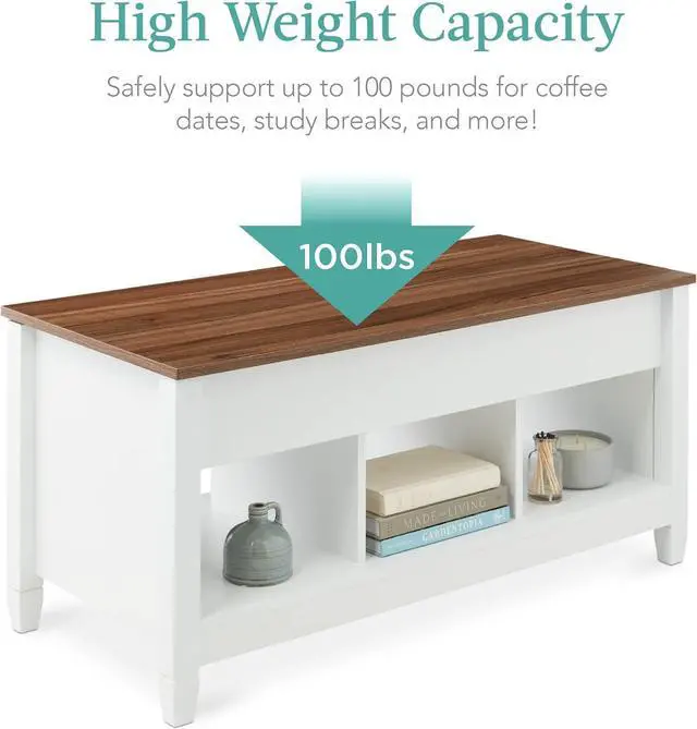 Alt view image 7 of 7 - Best Choice Products Lift Top Coffee Table Hidden Storage Coffee Table, Wooden Dining Coffee Table, Accent Table Furniture for Living Room, Display Shelves - White/Brown