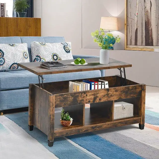Alt view image 2 of 7 - KOTEK Lift Top Coffee Table with Hidden Compartment & Open Shelves, Modern Coffee Table with Storage, Accent Table Lift-Top Table for Living Room, Reception Room (Rustic Brown)