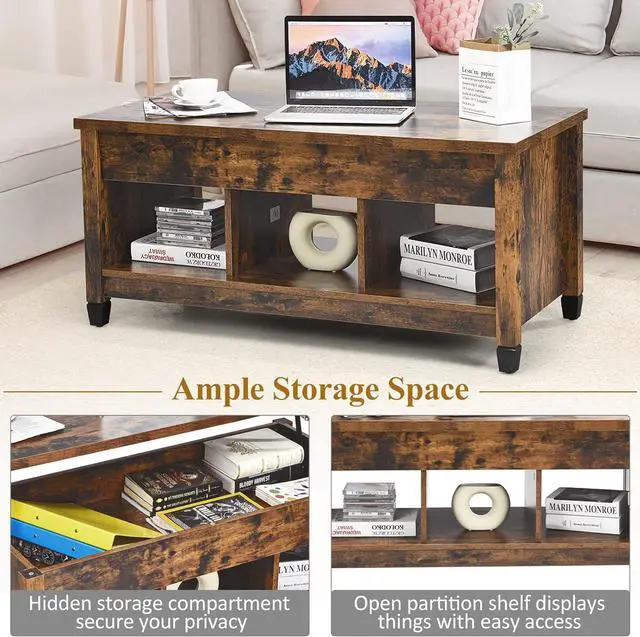 Alt view image 5 of 7 - KOTEK Lift Top Coffee Table with Hidden Compartment & Open Shelves, Modern Coffee Table with Storage, Accent Table Lift-Top Table for Living Room, Reception Room (Rustic Brown)