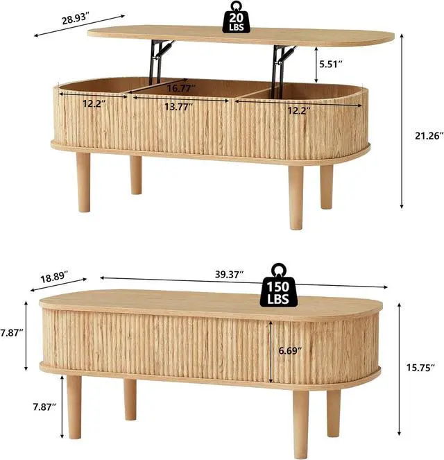 Alt view image 2 of 7 - Fluted Lift Top Coffee Table with Hidden Compartment, Fully Assembled Wooden Center Table, Modern Oval Lift Tabletop for Home Living Room Office, Natural