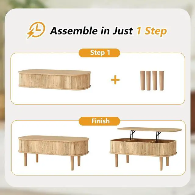 Alt view image 3 of 7 - Fluted Lift Top Coffee Table with Hidden Compartment, Fully Assembled Wooden Center Table, Modern Oval Lift Tabletop for Home Living Room Office, Natural