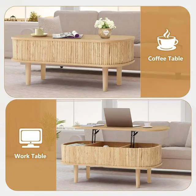 Alt view image 4 of 7 - Fluted Lift Top Coffee Table with Hidden Compartment, Fully Assembled Wooden Center Table, Modern Oval Lift Tabletop for Home Living Room Office, Natural