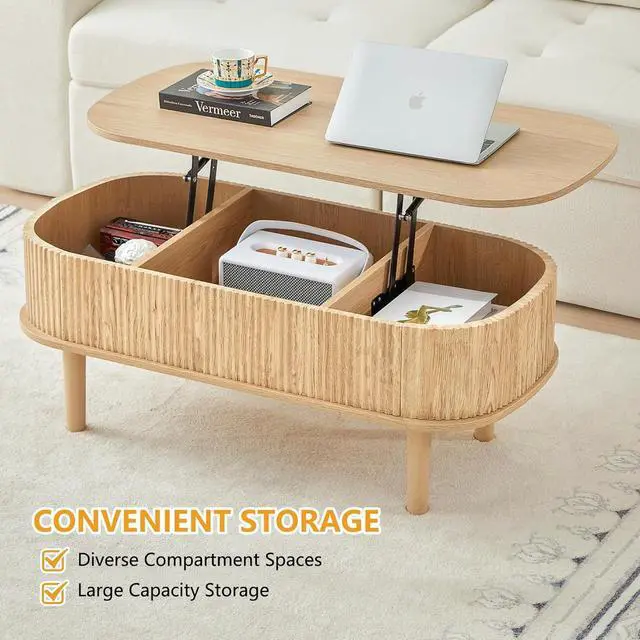 Alt view image 5 of 7 - Fluted Lift Top Coffee Table with Hidden Compartment, Fully Assembled Wooden Center Table, Modern Oval Lift Tabletop for Home Living Room Office, Natural