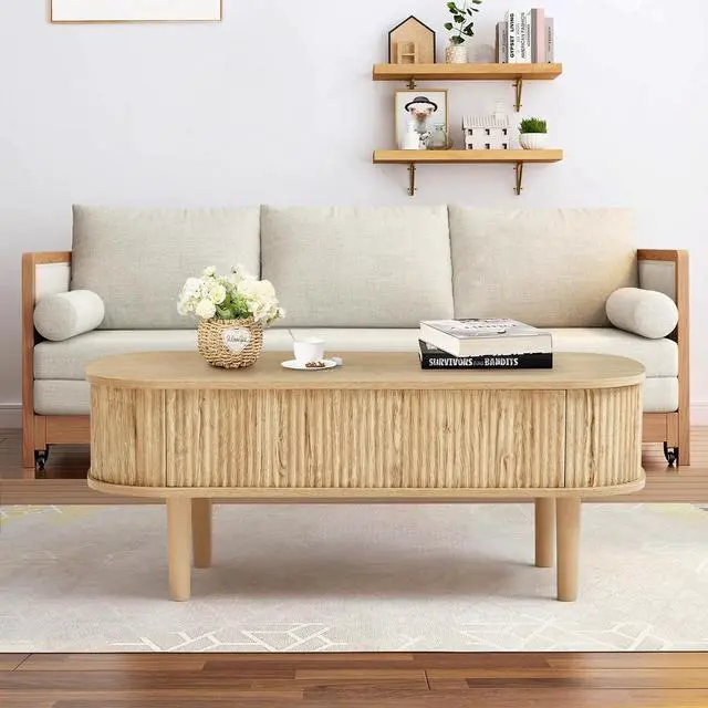 Alt view image 6 of 7 - Fluted Lift Top Coffee Table with Hidden Compartment, Fully Assembled Wooden Center Table, Modern Oval Lift Tabletop for Home Living Room Office, Natural
