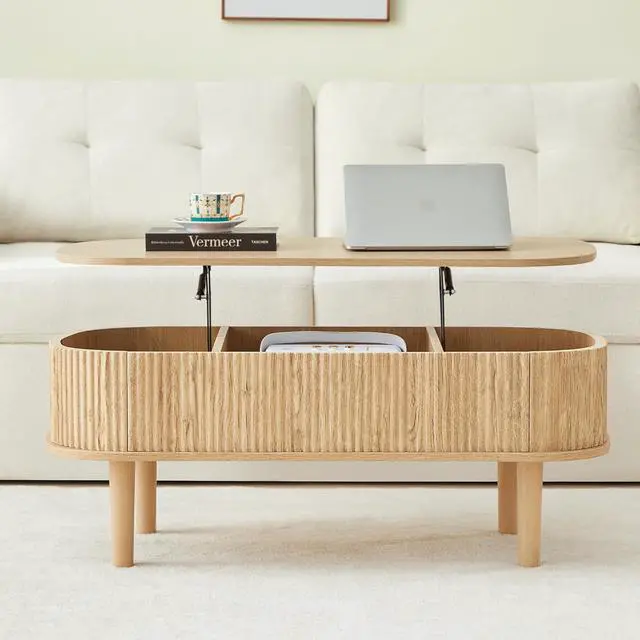 Alt view image 7 of 7 - Fluted Lift Top Coffee Table with Hidden Compartment, Fully Assembled Wooden Center Table, Modern Oval Lift Tabletop for Home Living Room Office, Natural