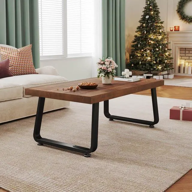 Alt view image 5 of 7 - IBF Rustic Coffee Table, Industrial Solid Wooden Tea Table, Farmhouse Real Wood Center Coffee Table, Modern Minimalist Rectangle Cocktail Table, 39 in