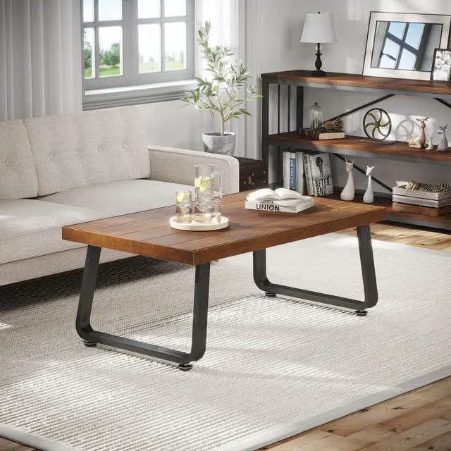 Alt view image 7 of 7 - IBF Rustic Coffee Table, Industrial Solid Wooden Tea Table, Farmhouse Real Wood Center Coffee Table, Modern Minimalist Rectangle Cocktail Table, 39 in