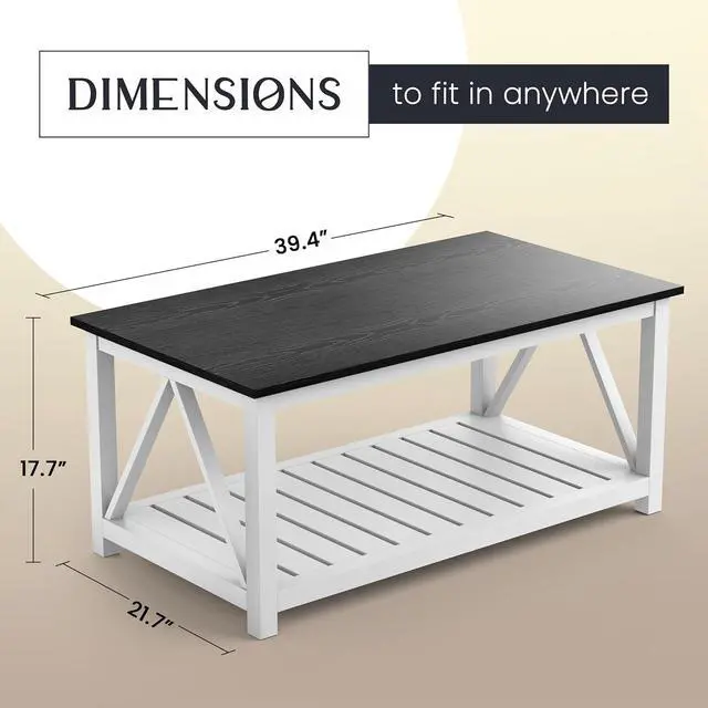 Alt view image 2 of 5 - 40" Farmhouse Coffee Table | Vintage Rustic Wooden Coffee Table with Lower Shelf for Living Room, Dorm, Office, Bedroom Center Table - Black