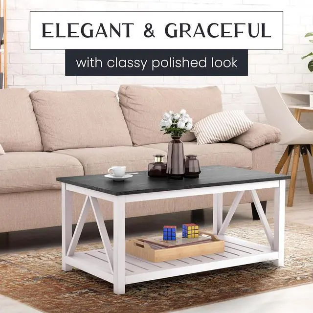 Alt view image 3 of 5 - 40" Farmhouse Coffee Table | Vintage Rustic Wooden Coffee Table with Lower Shelf for Living Room, Dorm, Office, Bedroom Center Table - Black