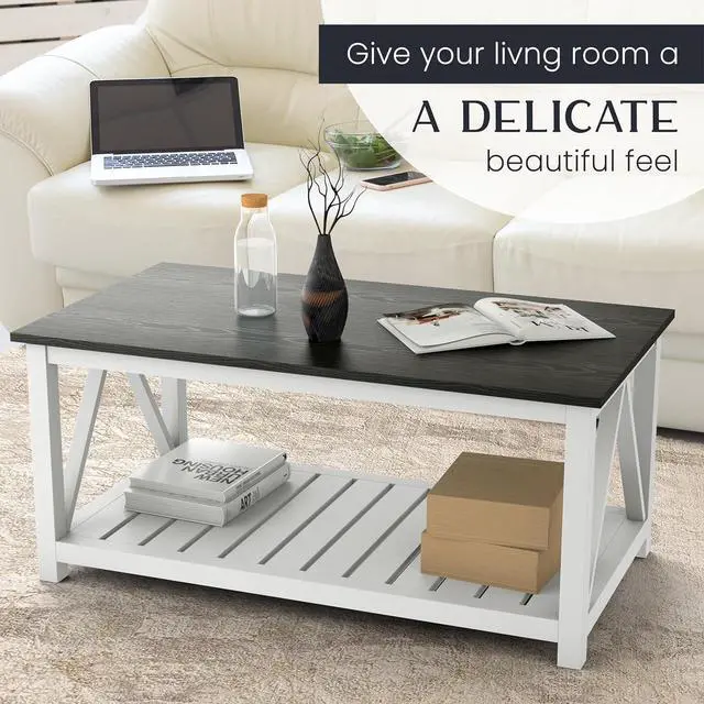 Alt view image 5 of 5 - 40" Farmhouse Coffee Table | Vintage Rustic Wooden Coffee Table with Lower Shelf for Living Room, Dorm, Office, Bedroom Center Table - Black