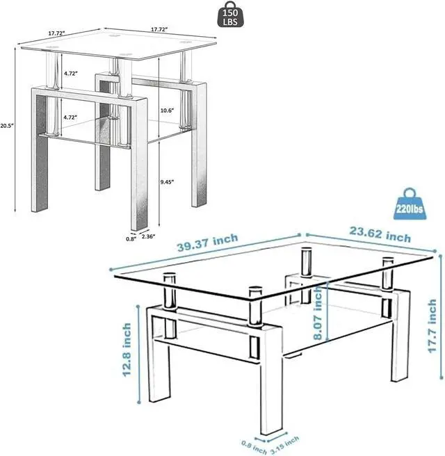 Alt view image 3 of 7 - Living Room Tables Set,3 Piece Glass Coffee Table and End Tables Set with Tempered Glass Tabletop and Metal Frame for Living Room,Apartment, Small Space, Full Black
