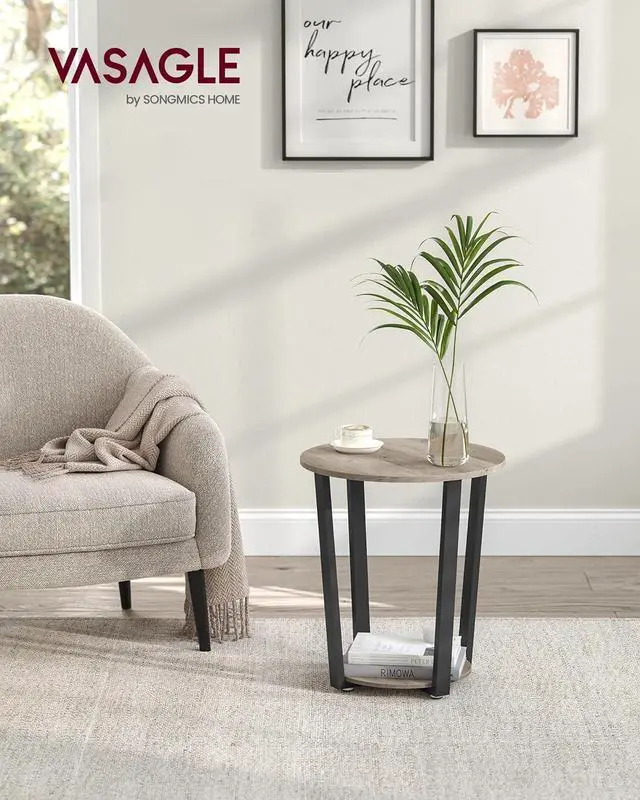 Alt view image 2 of 7 - VASAGLE End Table, Round Side Table with Storage Shelf, Easy Assembly, Industrial Accent Furniture with Steel Frame, Heather Greige and Black ULET057B02