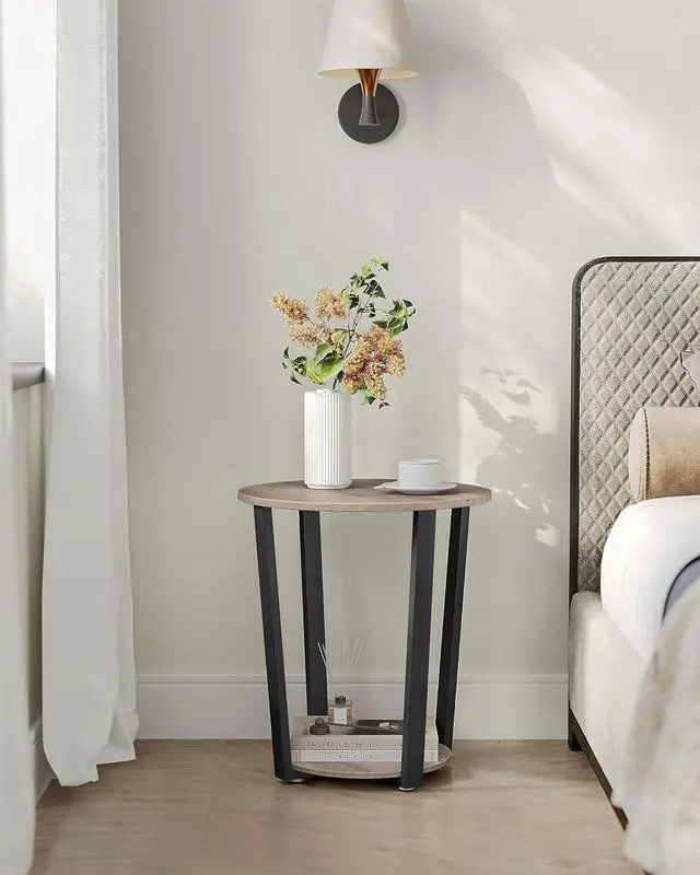Alt view image 4 of 7 - VASAGLE End Table, Round Side Table with Storage Shelf, Easy Assembly, Industrial Accent Furniture with Steel Frame, Heather Greige and Black ULET057B02