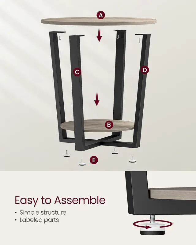 Alt view image 7 of 7 - VASAGLE End Table, Round Side Table with Storage Shelf, Easy Assembly, Industrial Accent Furniture with Steel Frame, Heather Greige and Black ULET057B02