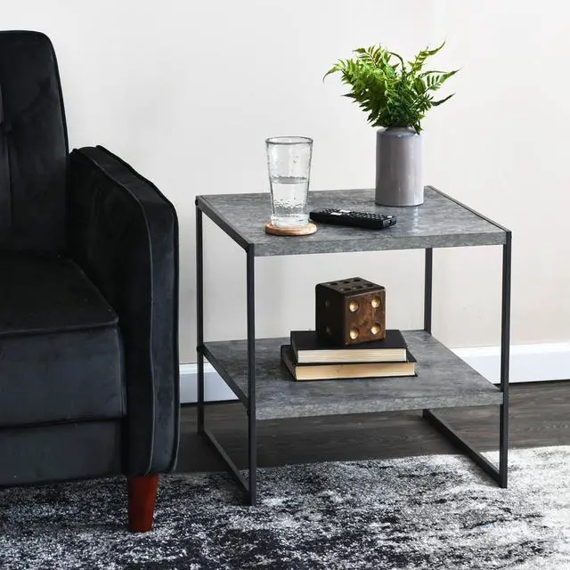 Alt view image 2 of 7 - Household Essentials Jamestown Square Side End Table with Storage Shelf Rustic Slate Concrete and Black Metal, Grey