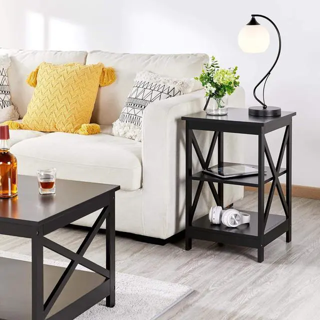 Alt view image 2 of 7 - Yaheetech 3 Tier Sofa Side End Table with Shelf, X Shape Chair Side Coffee Snack Table for Living Room, Display Unit Organizer, Black