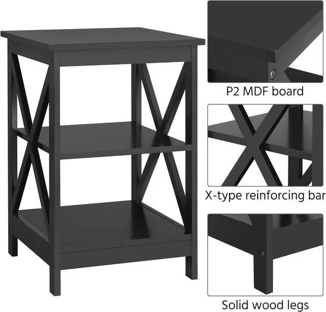 Alt view image 4 of 7 - Yaheetech 3 Tier Sofa Side End Table with Shelf, X Shape Chair Side Coffee Snack Table for Living Room, Display Unit Organizer, Black