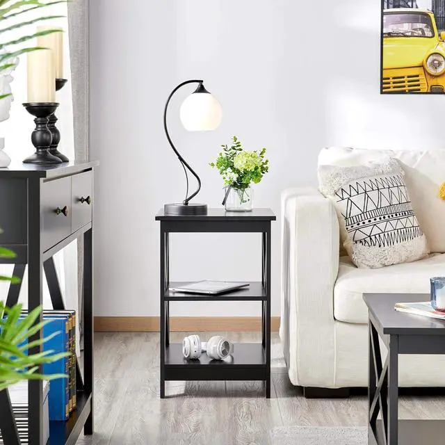 Alt view image 7 of 7 - Yaheetech 3 Tier Sofa Side End Table with Shelf, X Shape Chair Side Coffee Snack Table for Living Room, Display Unit Organizer, Black