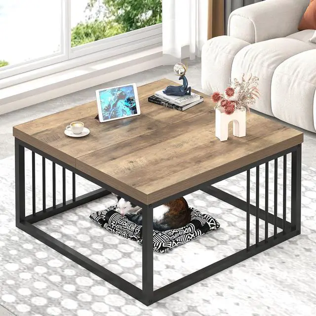 Main image of FOLUBAN Coffee Table, Modern Square Center Table for Living Room, Industrial Rustic Wood and Metal Cocktail Tea Table, 31.5 Inch, Oak