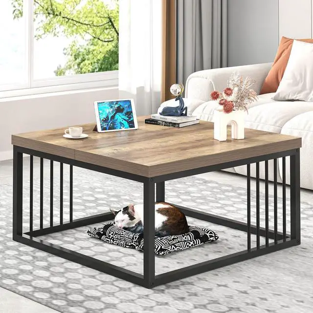 Alt view image 3 of 7 - FOLUBAN Coffee Table, Modern Square Center Table for Living Room, Industrial Rustic Wood and Metal Cocktail Tea Table, 31.5 Inch, Oak